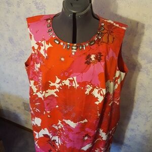 Jones New York Red and Pink Floral Jewel-Neck Midi Dress